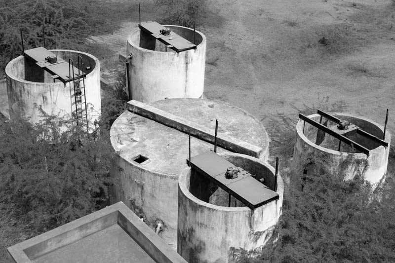 A defunct fluoride removal plant based on the Nalgonda technique in a village in Nalgonda district, Telangana